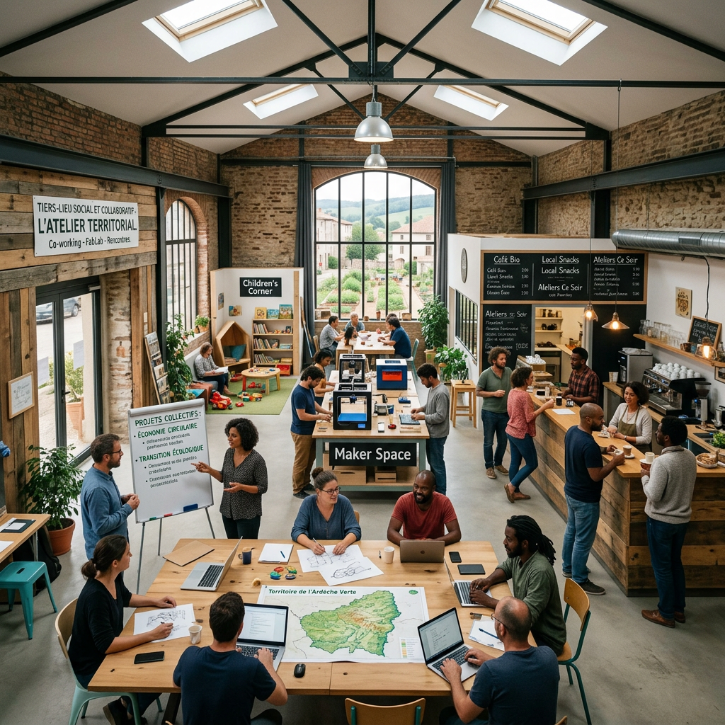 Coworking space with people working, socializing, and a children's play area