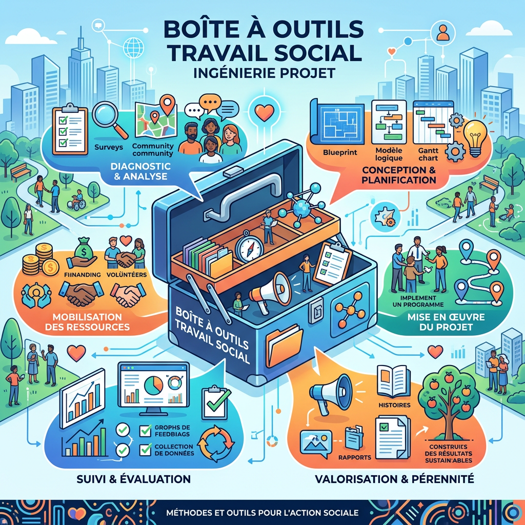 Cartoon toolbox with social work project tools including surveys, planning charts, resource mobilization, implementation, evaluation, and sustainability.