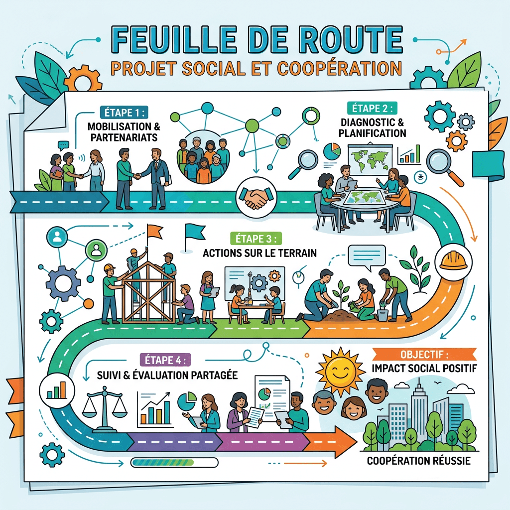Roadmap for social project with four steps: mobilization, planning, field actions, shared evaluation, leading to positive social impact