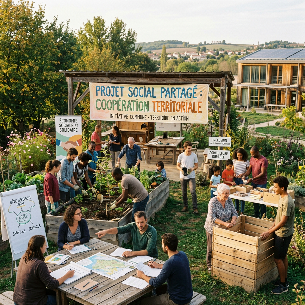 Community members planting, discussing, and sorting produce in a shared garden under a banner about social and territorial cooperation.