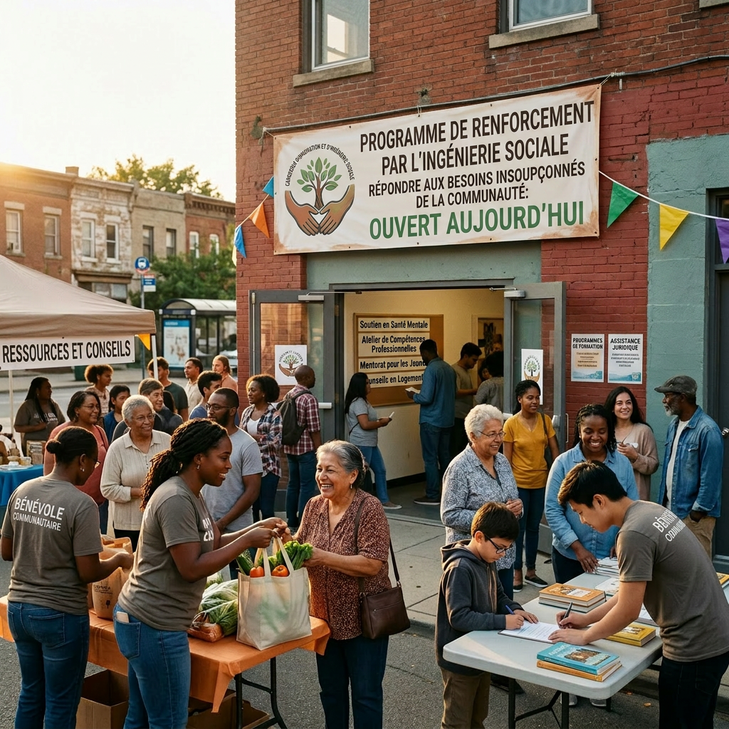 People at community center grand opening with volunteers distributing goods and registering attendees