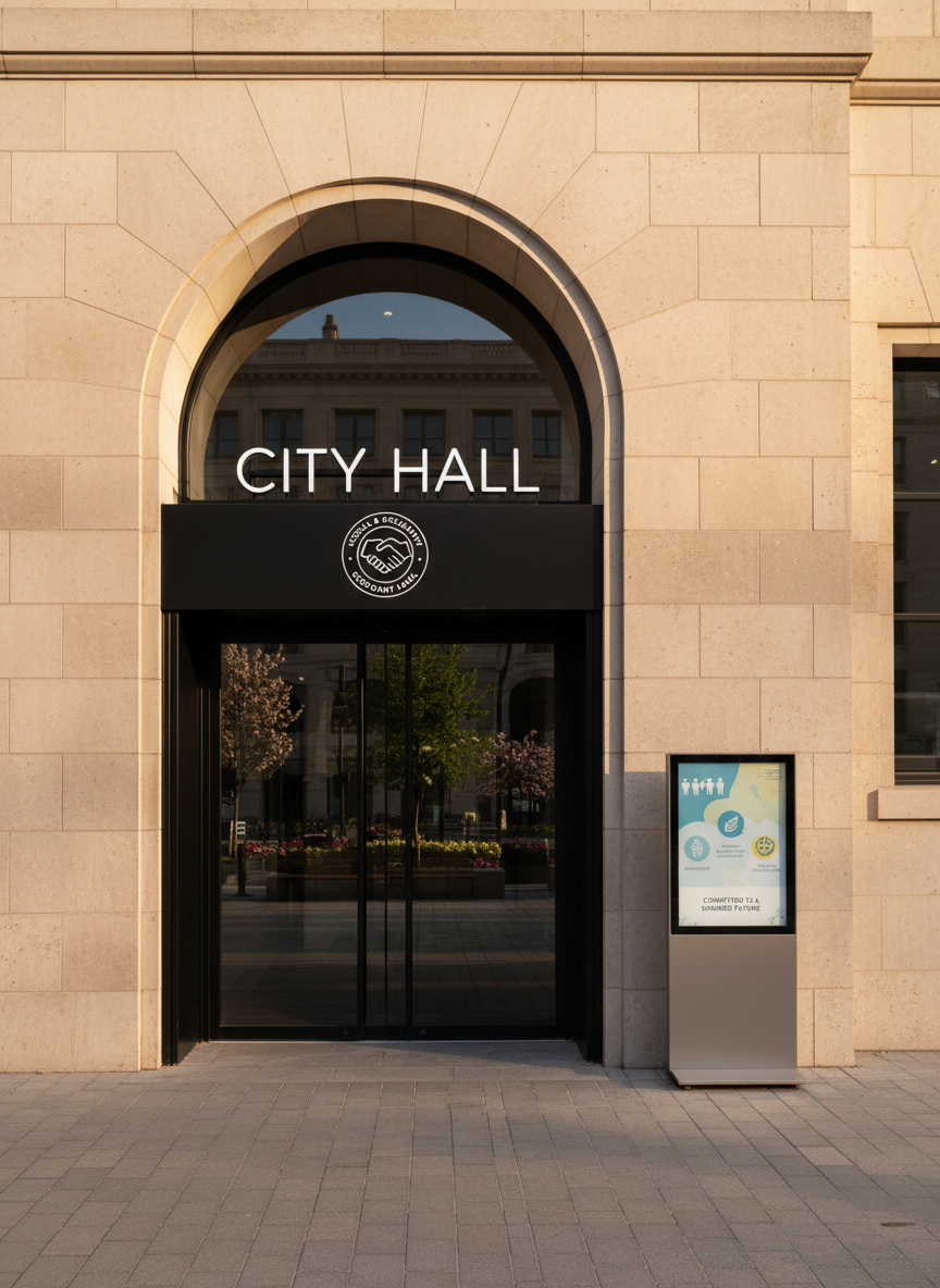 An elegant city hall façade rendered without people, featuring a stone entrance with clean, contemporary signage indicating a commitment to the social and solidarity economy label. Near the entrance, an informational display stand holds a well-designed poster with icons representing inclusion, sustainable development, and cooperative governance. The building’s glass doors reflect a tree-lined square, hinting at an engaged community. Late afternoon natural light casts warm tones on the stone and glass, creating gentle, elongated shadows that add depth. Photographic realism with a balanced, frontal composition and moderate depth of field, capturing the entrance and signage in crisp detail while the surrounding square softens slightly, suggesting institutional reliability and forward-looking public policy.
