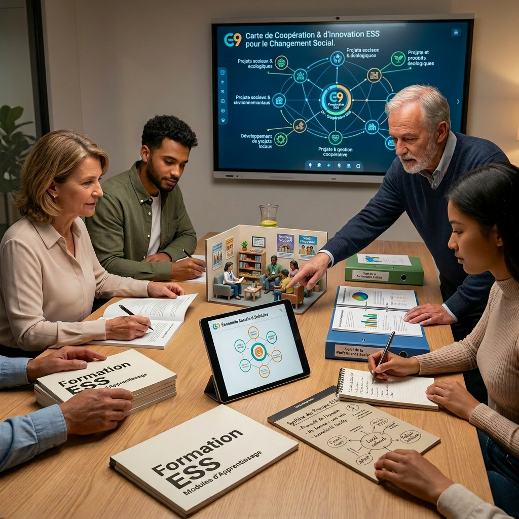 Team discussing ESS formation with documents, tablet, and model on table