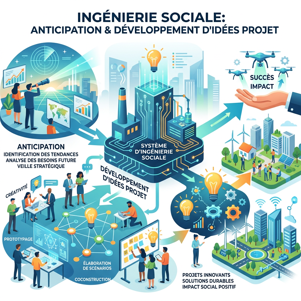 Diagram of social engineering system illustrating anticipation, idea development, and project success