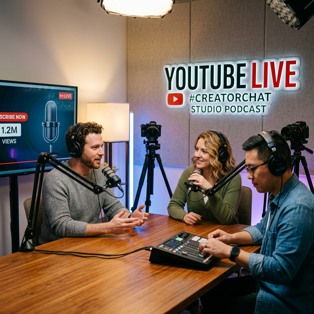 Three people podcasting in a YouTube Live studio with microphones and headphones