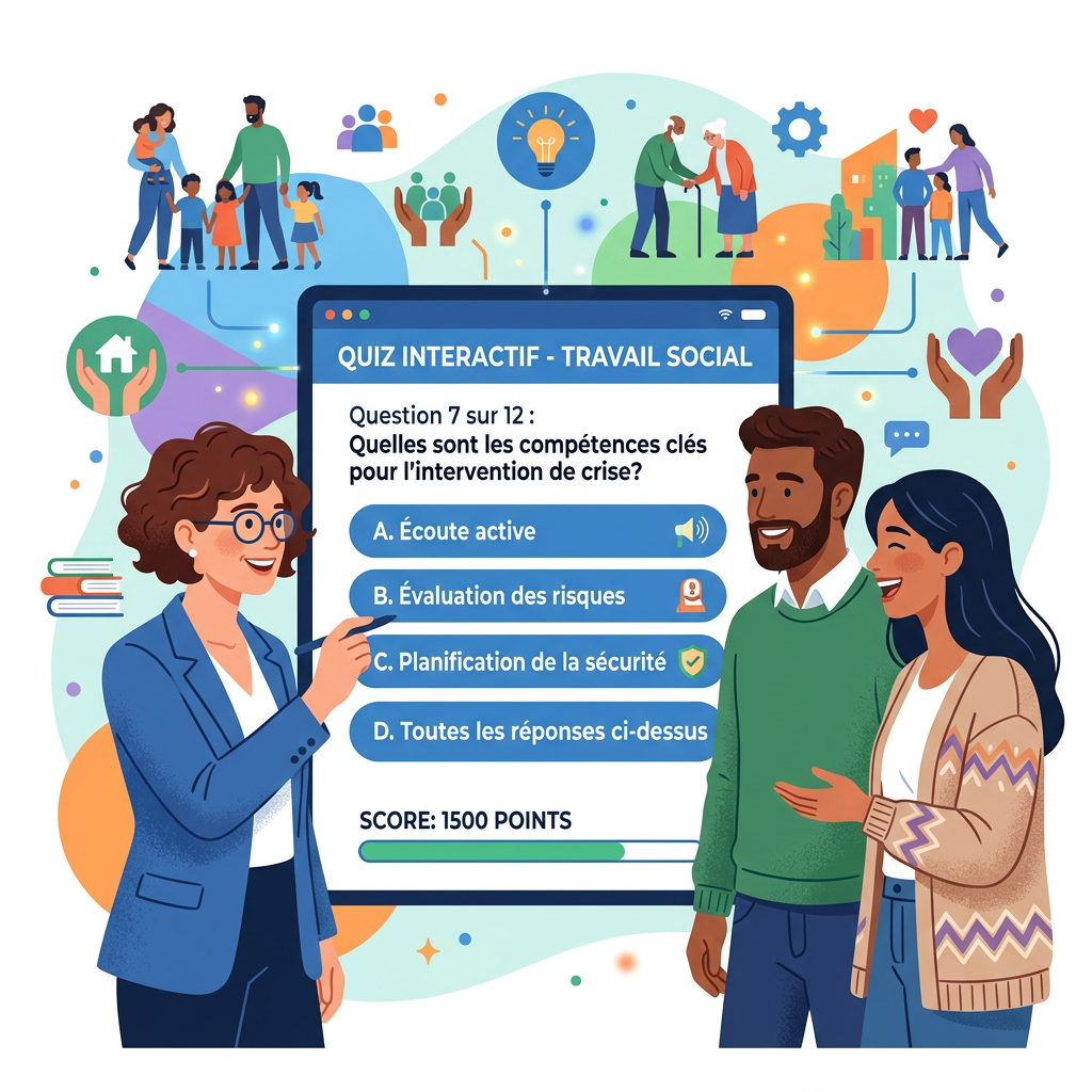 Interactive quiz screen showing question about key crisis intervention skills with four answer choices and three people discussing