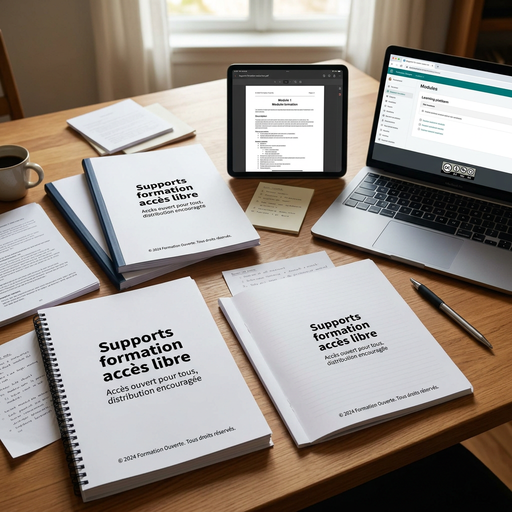 Printed books, notebooks, a tablet, and a laptop showing open access educational content in French