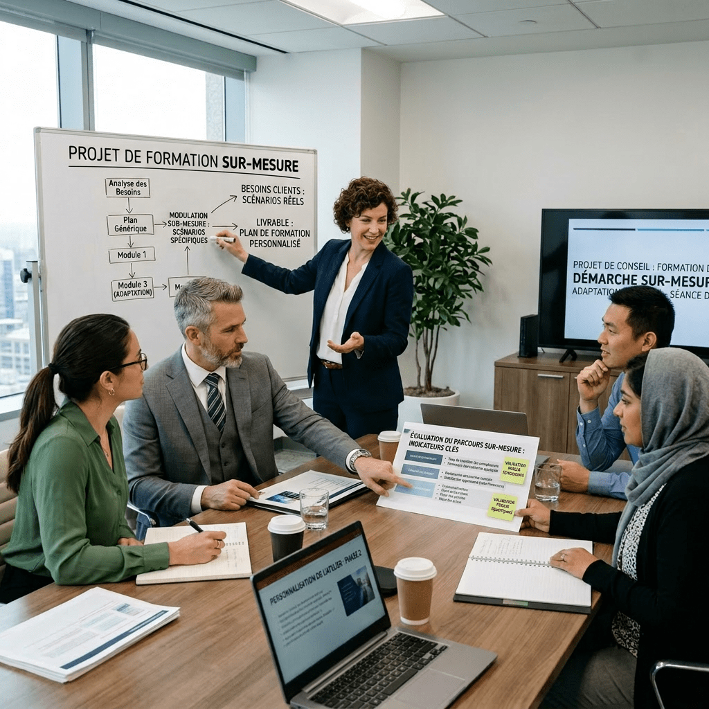 Group of professionals discussing training adaptation in a conference room