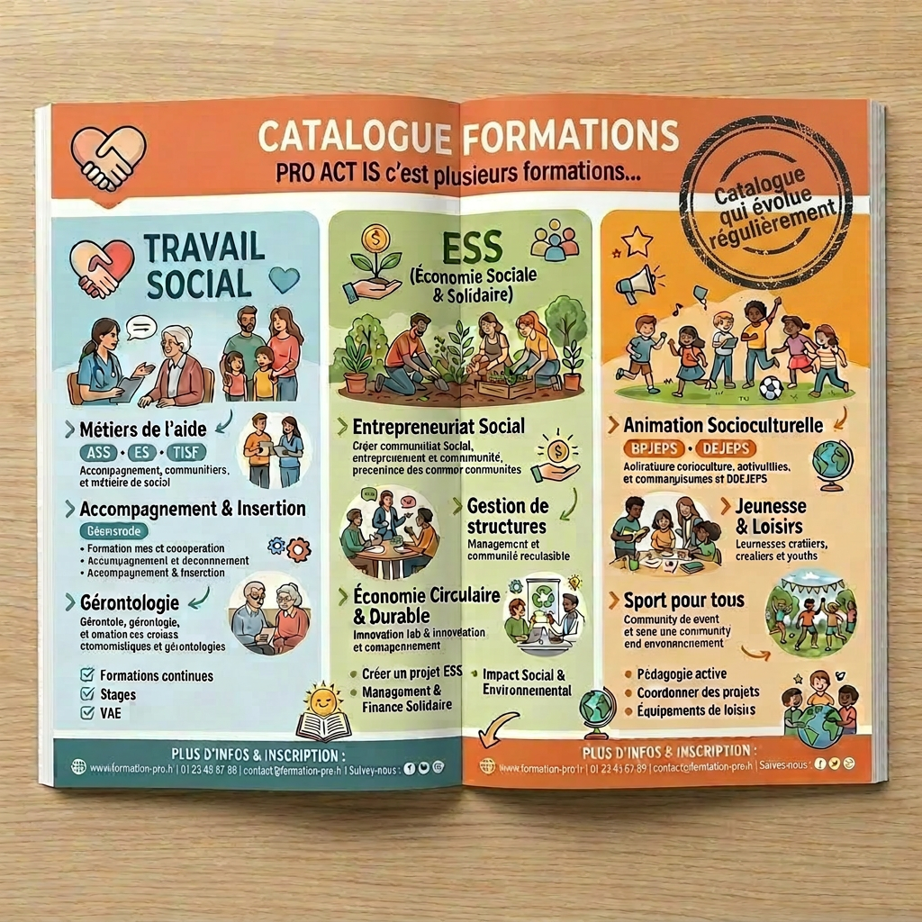 Catalog page listing 2024-2025 training courses in social work, social economy, and animation sectors