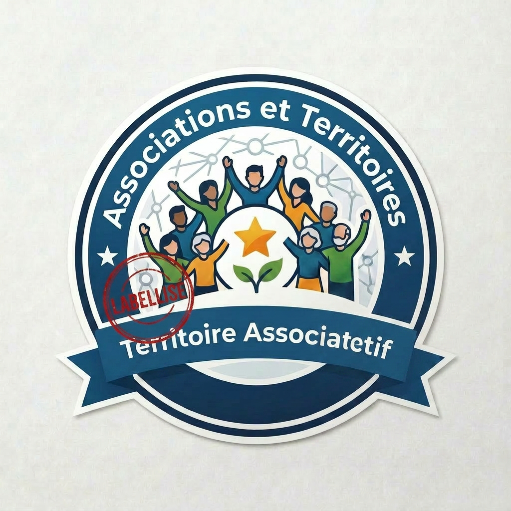 Badge with diverse group of people celebrating around a star and plant symbol, text reads Vie Associative & Collectivité, Soutien, Engagement - Partage, Label de Promotion